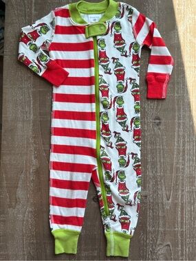 Hanna Andersson Red & White Stripe Grinch Print Footie with Green Trim
